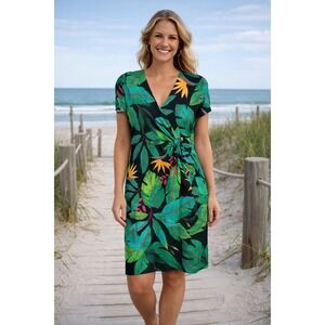 Vtg Joseph Ribkoff Women's Tropical Print Faux Wrap Midi Dress Size 12